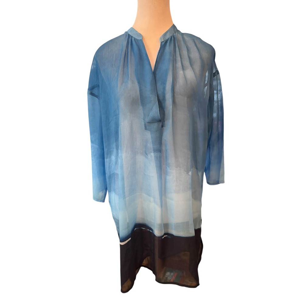 H by Halston Blue Ombre Landscape Print Sheer Chiffonâ Tunic Top Size Medium